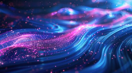Obraz premium Abstract digital waves with glowing pink and blue particles on a dark background, showcasing vibrant and fluid motion in a cyberspace theme.