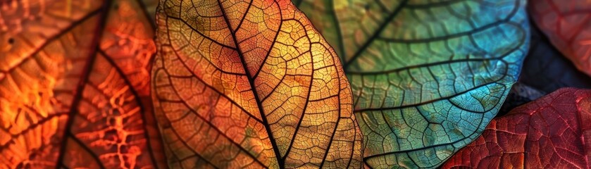 Close-up of colorful autumn leaves showcasing intricate vein patterns, highlighting the beauty and detail of nature's artwork.