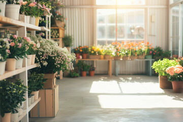 Fototapeta premium Indoor empty flower plant store shop building, no people. Vintage botanical blossom market, fresh floral decoration, nature gardening. Photo