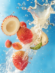 Lychee Splash: A symphony of freshness as ripe lychees dance amidst a vibrant water splash, set against a captivating blue backdrop. 
