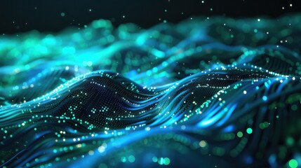 Naklejka premium Abstract digital wave pattern with glowing data points. Futuristic technology design in blue and green tones, representing data flow.