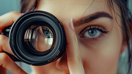 close-up of a woman holding a camera lens. Selective focus