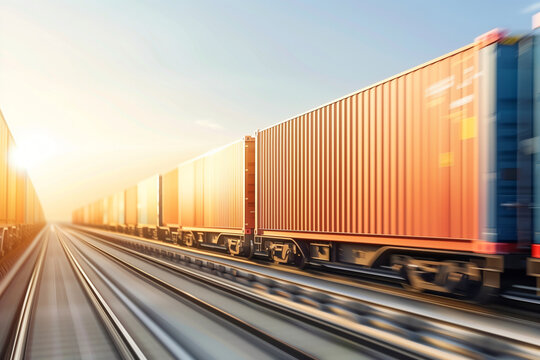 Freight train carrying vibrant containers on the railway, transporting goods and products. Railroad shipping, warehouse export, international logistics distribution service. Photo