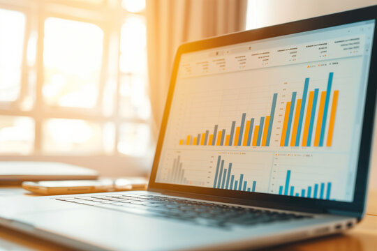 Closeup of a laptop or notebook screen displaying colorful website traffic metrics, graphs, and analytics for blog ranking on the internet. Online visitor statistics and performanc