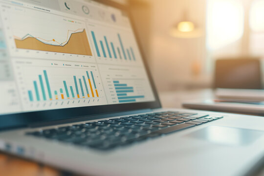 Closeup of a laptop or notebook screen displaying colorful website traffic metrics, graphs, and analytics for blog ranking on the internet. Online visitor statistics and performanc