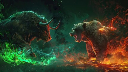 Neon duel Bull vs Bear symbolizing stock market trends with energy and intensity