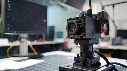 Fototapeta premium High-tech camera setup in a lab environment with computer screens in the background, focus on advanced technology and innovation.