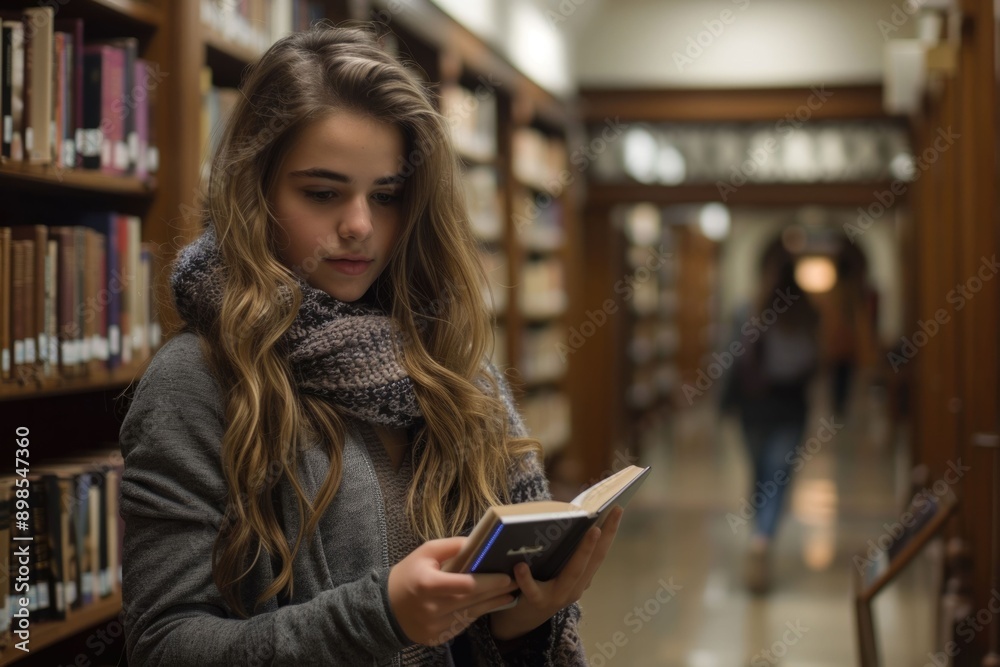 Poster young student using e book and bookshelf on background