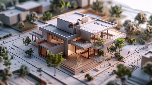 Modern architectural building design with landscaping, showcasing contemporary style and urban elegance in a residential neighborhood.