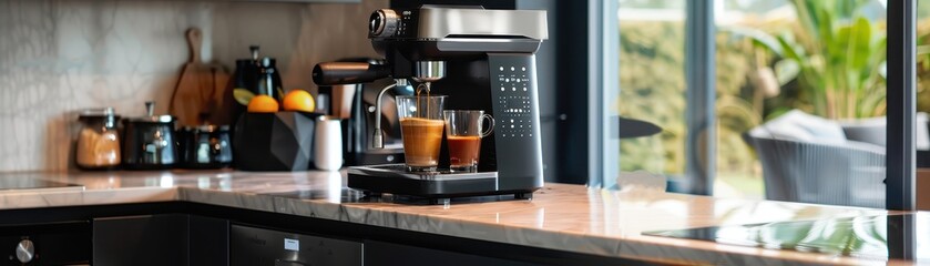 Modern kitchen with a sleek coffee machine on the counter by the window, capturing a cozy home ambiance with a view of the garden.