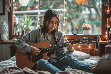 Creative Expression Teenager Playing Guitar in Cozy Bedroom with Natural Lighting