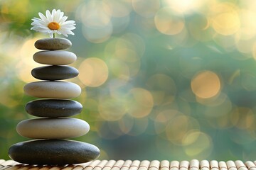 Obraz premium Zen arrangement of stones and bamboo on wood.