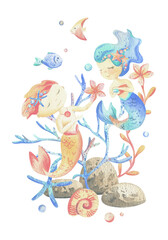 Mermaid little boy and girl with sea corals, algae, shells, starfish, fish, bubbles. Watercolor illustration hand drawn in coral, turquoise and blue colors. Composition isolated from the background © NATASHA-CHU