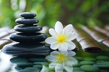 Obraz premium zen basalt stones and spa oil on the wood zen basalt stones and spa oil on the wood