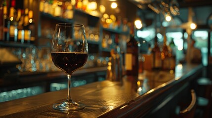 glass of wine on the bar of a luxurious restaurant generative ai