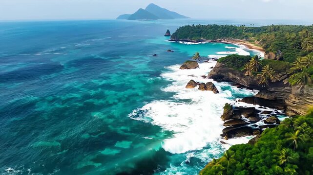View from the dran, flight over tropical islands with green jungles and white beaches and clear blue waters.
Concept: exotic vacation and ecotourism