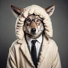 Wicked, hungry and angry predator wolf in the sheep's clothing, business suit and glasses. Author Artist Nadia Russ