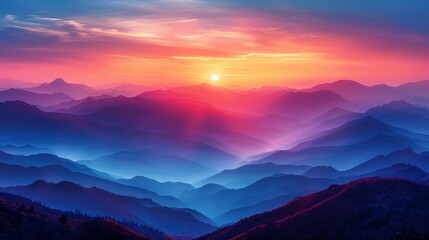 Fototapeta premium The sun rises over a colorful mountain range, painting the sky with vibrant hues. The warm light enhances the scenery, making it a perfect backdrop for your desktop