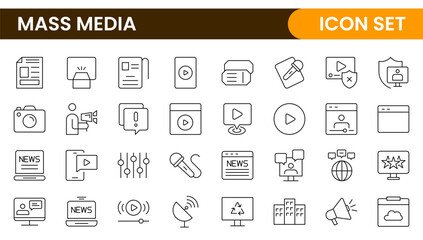 Mass media outline vector icons large set isolated on white background. media business concept. Media outline icons set.