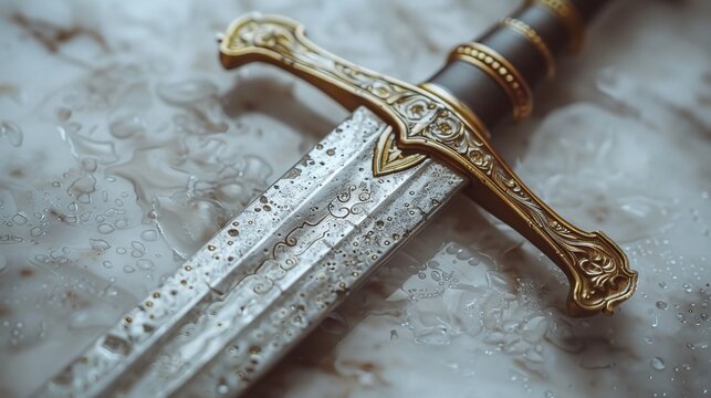 Ornate medieval sword with gold detailing rests on a damp stone surface, glistening in the light, evoking a sense of power and danger from ancient battles