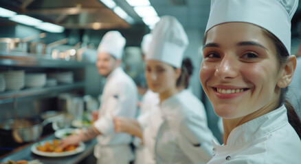 close up portrait of group young smiling professional chefs in white uniforms standing at the kitchen