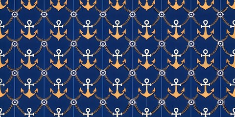 Fototapeta premium Modern Summer Nautical mood seamless pattern with ropes and anchors on navy blue background for fashion wallpaper fabric and all