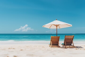 Fototapeta premium Wooden lounge chairs under white umbrella on white sand beach with turquoise sea