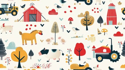 Naklejka premium This whimsical pattern features a variety of farm animals, including a horse, cow, pig, and chickens. Red barns, tractors, and trees complete the country scene