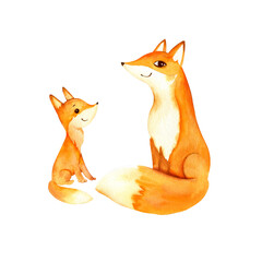 watercolor smiling adult red fox and sitting little fox cub, cute forest animal fox, sketch of cartoon, funny, fluffy animal, illustration on white background, for children posters