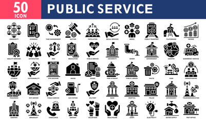 Public service icon collection set. Containing service, public, social, transport, telecommunication, broadcast, social service icon. Simple glyph vector.