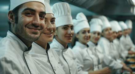 close up portrait of group young smiling professional chefs in white uniforms standing at the kitchen
