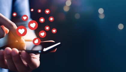 Social media and digital online communication concept, man using smartphone with likes icons