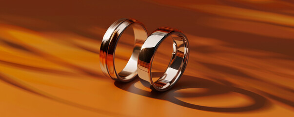 Platinum rings floating in front of a burnt orange background, adding warmth and modernity.