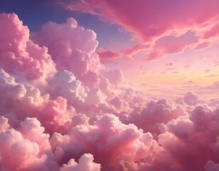 Beautiful view of pink clouds in vibrant sunset sky. Clouds are fluffy and full of light, creating stunning visual display. Dramatic unreal sky with cumulus and stratus clouds in atmosphere. AI art