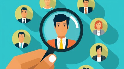 A magnifying glass focuses on one person, symbolizing the importance of identifying the right candidate from a pool of applicants for a successful recruitment process.