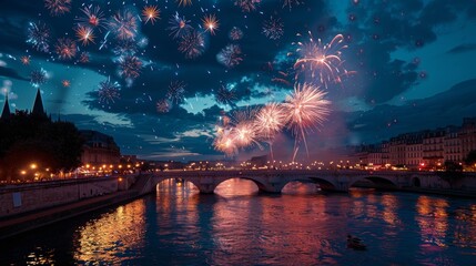 Fototapeta premium A stunning view of fireworks exploding over a bridge in Paris, France, with the city's lights reflecting in the water. The night sky is full of colorful bursts of light, symbolizing celebration, joy, 