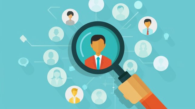 A magnifying glass focuses on a single person, symbolizing the process of recruitment, talent acquisition, and finding the perfect candidate for a job.