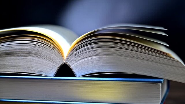 An open book lying on a stack of other books