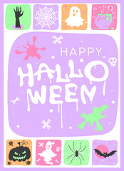 Halloween poster with pumpkins, ghosts, bats and spiders in pastel colors. Hand drawn doodle collage, great for Halloween banners, posters, card and invitation. Vector illustration