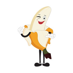 Banana mascot cartoon character, fruit cartoon character emoticon Cartoon happy banana mascot character waving hand. Mood booster fruit illustration of walking banana