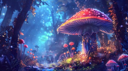 Fototapeta premium Fantasy Forest with Glowing Mushrooms and Enchanted Light