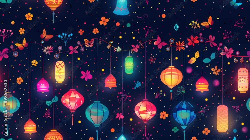 Poster a pattern of colorful lanterns hanging from strings adorned with flowers and butterflies against a d