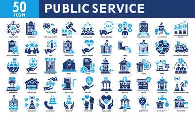 Public service icon collection set. Containing service, public, social, transport, telecommunication, broadcast, social service icon. Simple color fill vector.