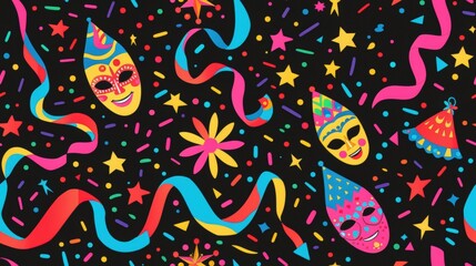 Naklejka premium A black background is filled with colorful confetti, stars, ribbons, and smiling masks