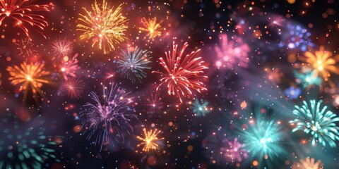 Fototapeta premium Fireworks display on black background, red and gold colors