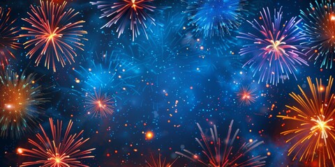 Naklejka premium Fireworks display on black background, red and gold colors