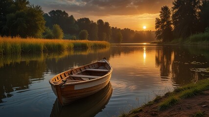Obraz premium Serene Sunset Over a Calm River with Wooden Boat