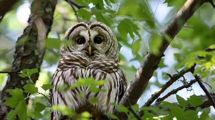 Barred Owl Perched in Lush Green Forest