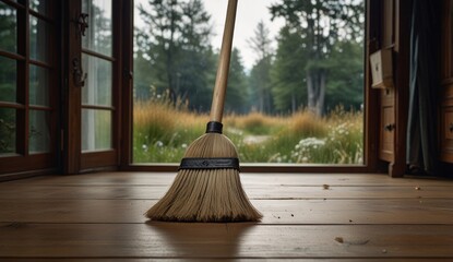 Broom on Wooden Floor with Outdoor View