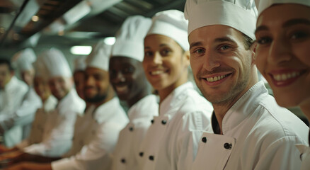close up portrait of group young smiling professional chefs in white uniforms standing at the kitchen